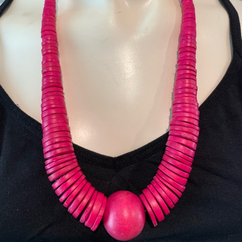 Vintage Raspberry Pink Wood Stacked Bead Statement Necklace Chunky